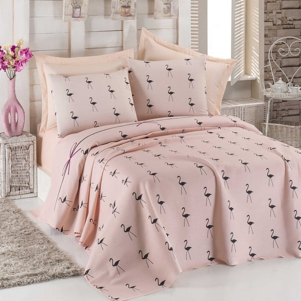 Lagani pokrivač s jastučnicom Flamingo Powder, 200 x 235 cm