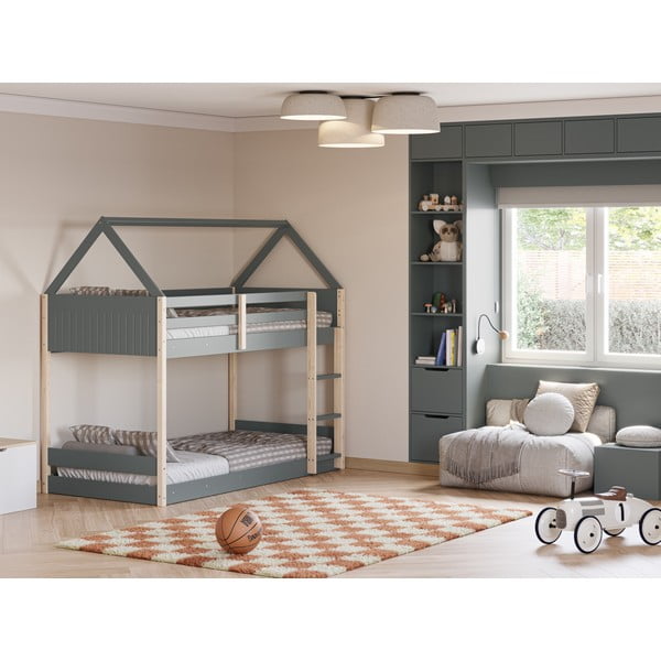 Dječji krevet u obliku kućice/na kat s podnicom 90x190 cm u prirodnoj boji/prljavo zeleni Valka – Marckeric-image-4