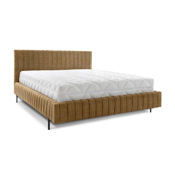 Oker žuti tapecirani bračni krevet s prostorom za odlaganje s podnicom 160x200 cm Plissa – ELTAP