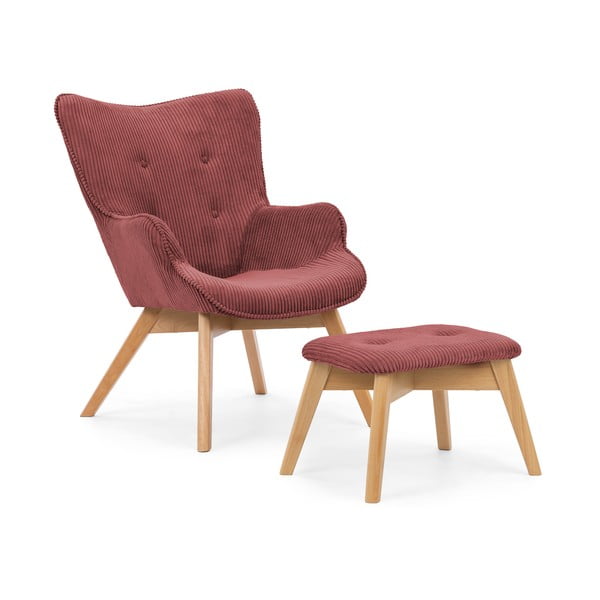 Crvena fotelja s naslonjačem za noge od samta Niko – Ropez