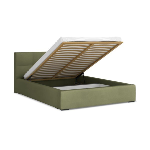 Zeleni baršunasti tapecirani bračni krevet s prostorom za odlaganje s podnicom 140x200 cm Hiko – Makamii-image-1