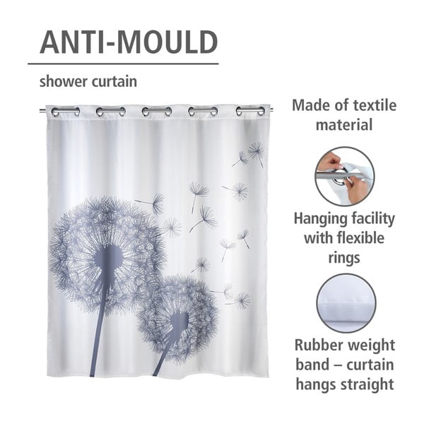 Bijela zavjesa za tuš ili kadu s površinskom obradom protiv stvaranja plijesni Wenko Dandelions, 180 x 200 cm-image-3