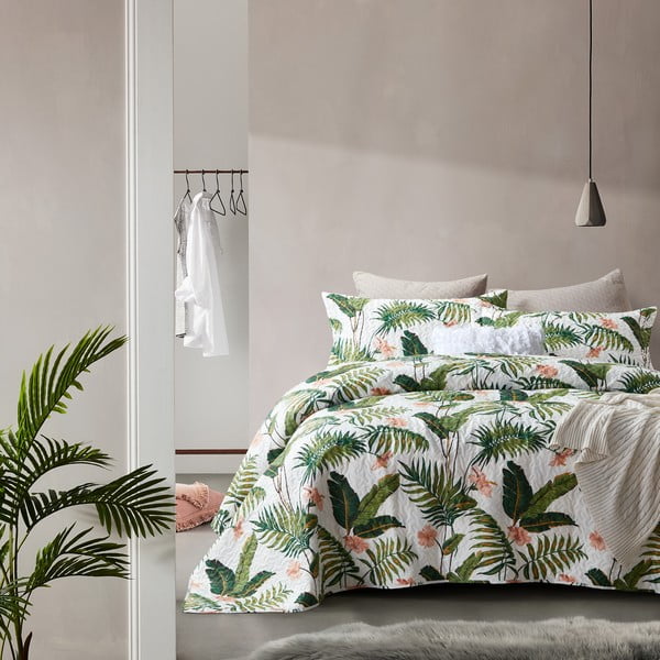 Zeleni pokrivač iz mikropercila s dvije jastučnice Sleeptime Botanical, 250 x 260 cm