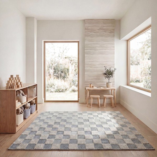 Plavi periv tepih od mješavine pamuka 155x230 cm Muted Checkerboard – Flair Rugs-image-3