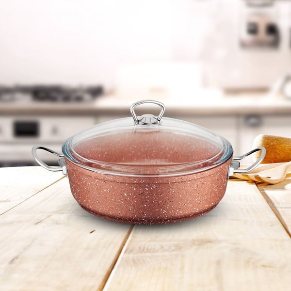 Ružičasti niski aluminijski lonac s poklopcem Güral Porselen Classic, ø 26 cm-image-1