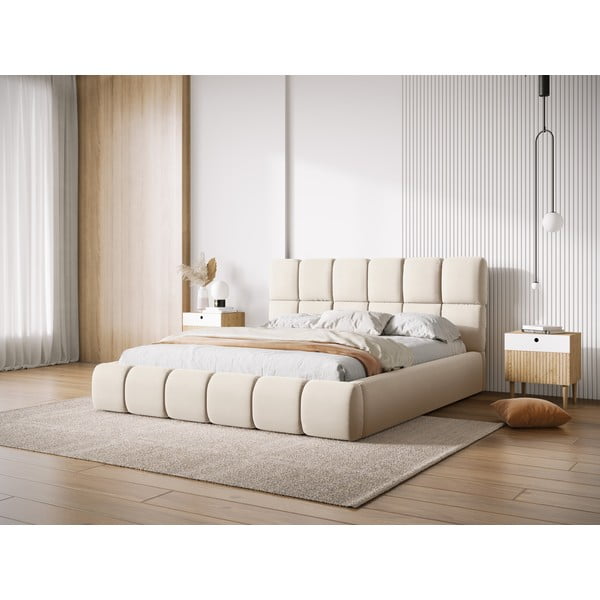 Krem baršunasti tapecirani bračni krevet s prostorom za odlaganje s podnicom 140x200 cm Bellis – Micadoni -image-1