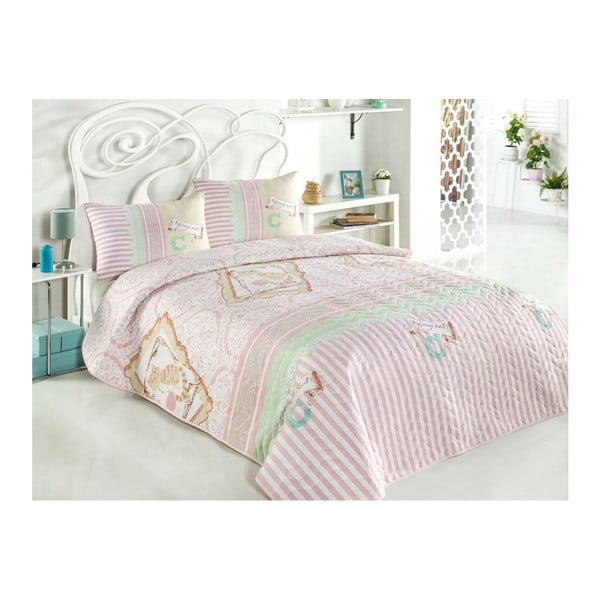 Prošiveni prekrivač za bračni krevet s jastučnicama Love Me Cat, 200 x 220 cm