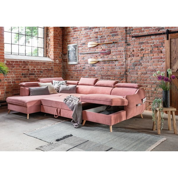 Svijetlo ružičasta baršunasta sklopiva kutna garnitura (s lijevim kutom/u obliku slova "U") Sweet Harmony – Miuform-image-3