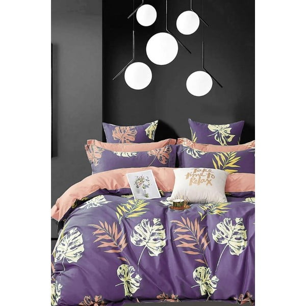 Ljubičasta pamučna posteljina za bračni krevet/za produženi krevet s uključenom plahtom/4-dijelna 200x220 cm Leaves – Mila Home