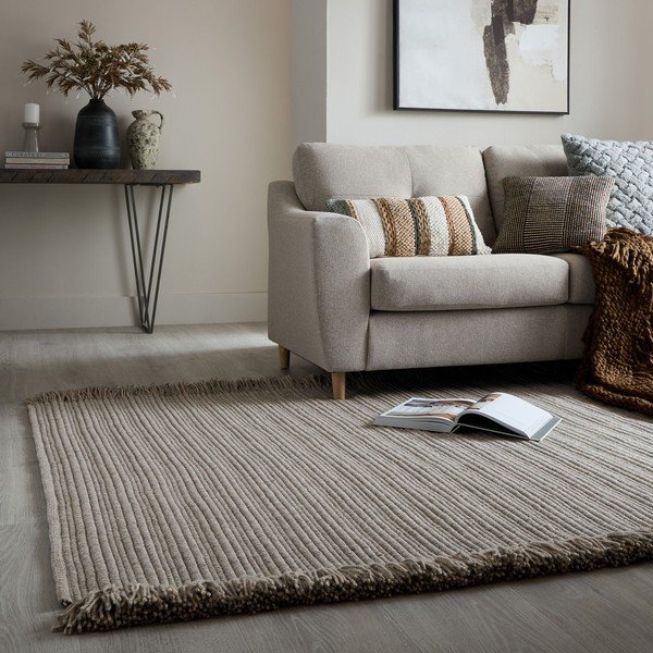 Sivi ručno rađen tepih od mješavine vune 160x230 cm Rene Fringed Ribbed – Flair Rugs-image-1