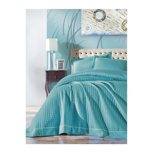 Tirkizni set bračnog prekrivača i 2 jastučnice Permento Azul, 230 x 260 cm