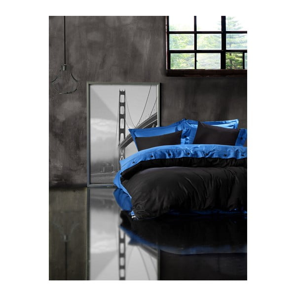 Posteljina s plahtom od ranforce pamuka za bračni krevet Plava Crna, 200 x 220 cm
