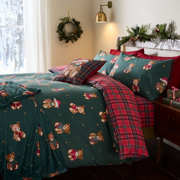 Crvena/tamno zelena posteljina za krevet za jednu osobu 150x120 cm Christmas Tartan Teddy Bear – Catherine Lansfield-image-4