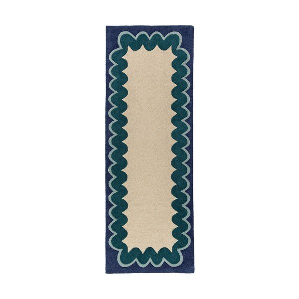 Ručno rađena vunena staza u prirodnoj boji/plavozelena 80x230 cm Wiggle Wool – Flair Rugs
