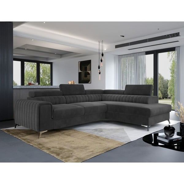 Tamno siva baršunasti sklopiva/s prostorom za odlaganje kutna garnitura (s desnim kutom/u obliku slova L) Laurence – ELTAP-image-1