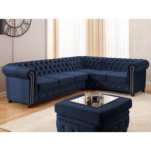 Plava baršunasti sklopiva kutna garnitura (s desnim kutom/u obliku slova L) York Blik – Ropez-image-1