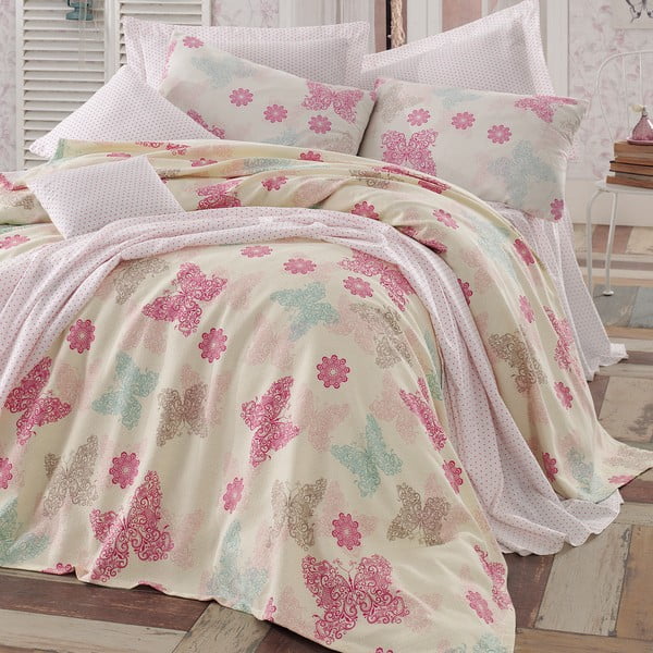 Lagana pamučna navlaka s jastučnicama i posteljinom za bračni krevet Papillon, 200 x 235 cm