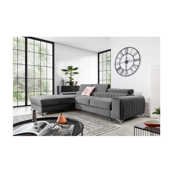 Siva baršunasti sklopiva/s prostorom za odlaganje kutna garnitura (s lijevim kutom/s ležaljkom) Grayson – ELTAP-image-1