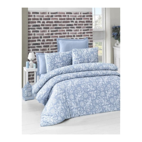 Plava satenska pamučna posteljina s plahtama za bračni krevet Maderia, 200 x 220 cm