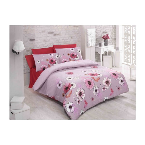 Pamučna posteljina s plahtama i 2 jastučnice za bračni krevet Fleur, 200 x 220 cm