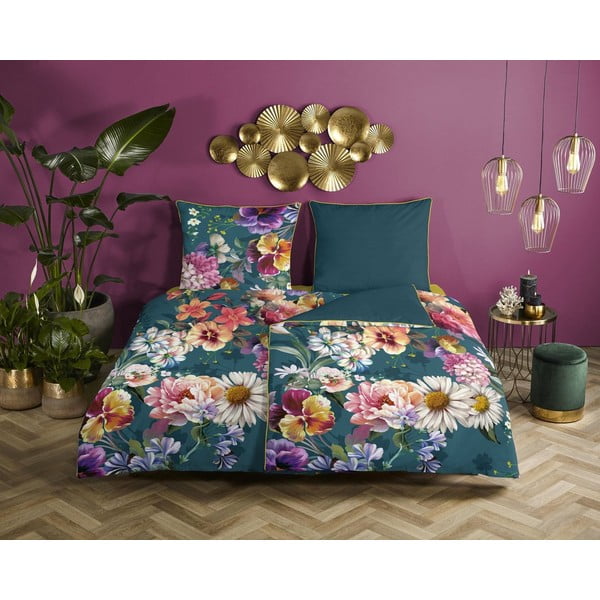 Kerozin plava posteljina od organskog pamuka Descanso Sunflower, 140 x 200 cm-image-1