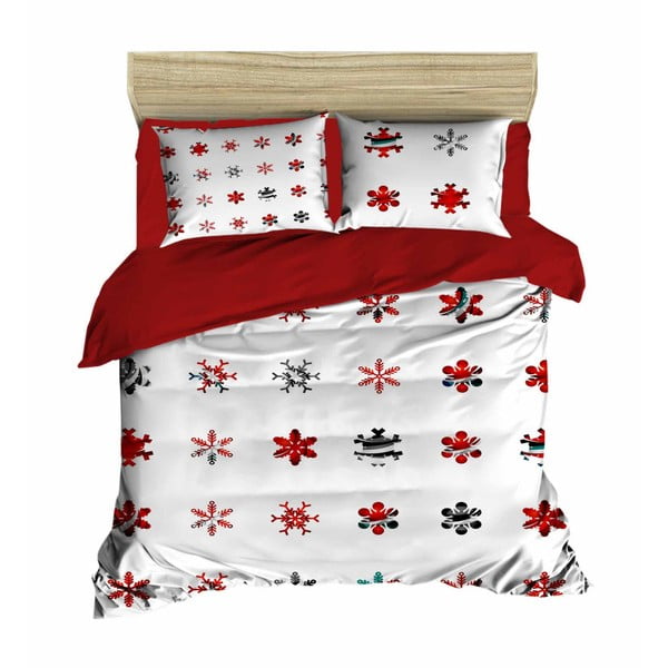 Set plahti i plahti za bračni krevet Christmas Snowlakes Red, 200 x 220 cm