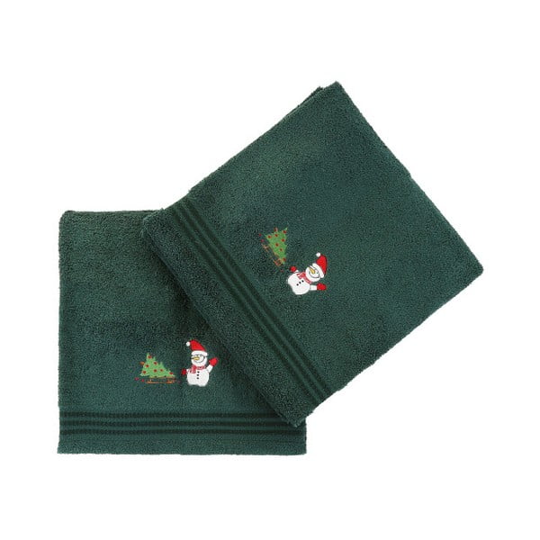 Set od 2 zelena božićna ručnika Snowy, 70 x 140 cm
