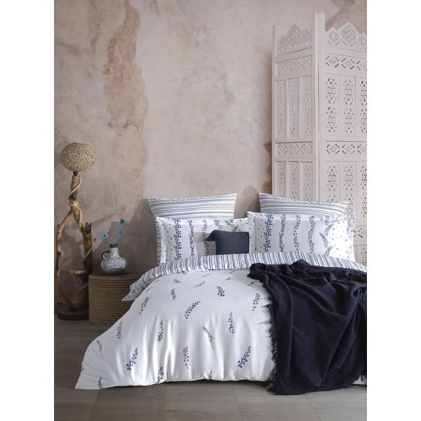 Bijela/plava posteljina za bračni krevet/za produženi krevet od pamučnog satena 240x220 cm Marseille Floral – Mila Home Luxury