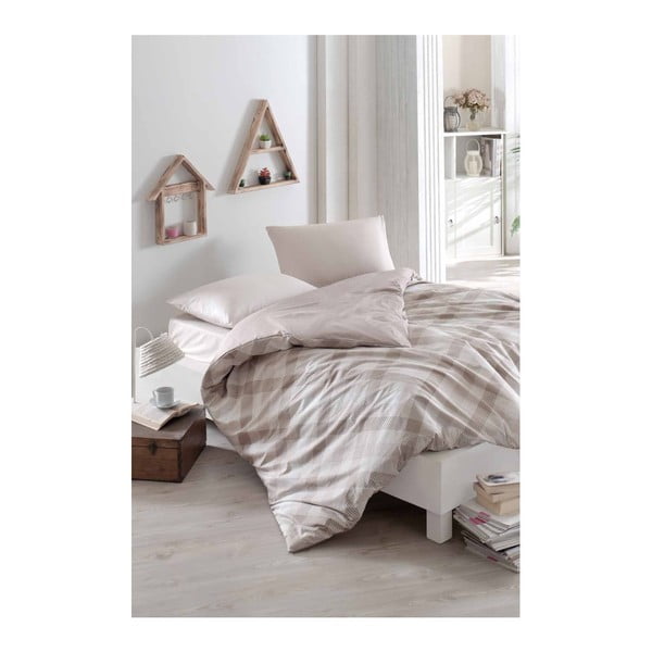 Pamučne plahte krem boje s krevetom za bračni krevet Dahna, 200 x 220 cm