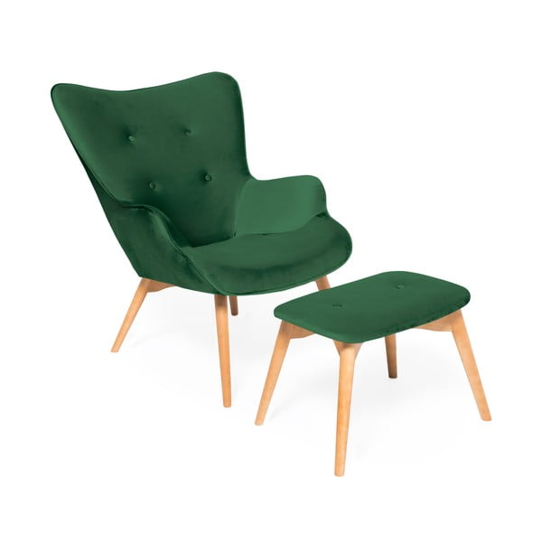 Smaragdno zelena fotelja i tabure za noge s bazom u prirodnoj boji Vivonita Cora Velvet