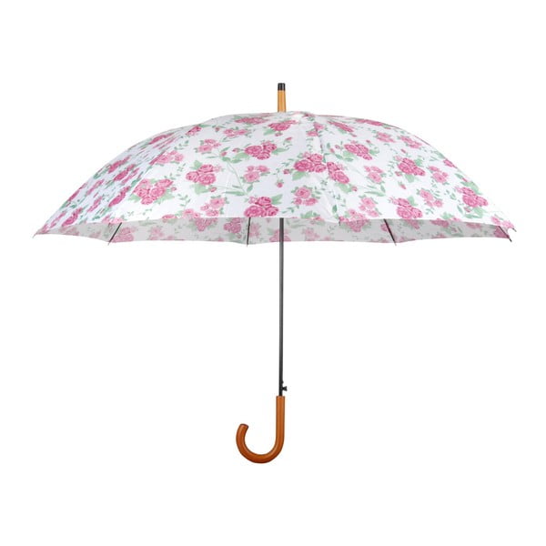 Ružičasti i bijeli kišobran s drvenom ručkom Esschert Design Flowers