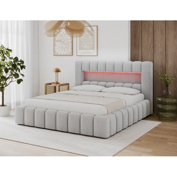 Svijetlo sivi tapecirani bračni krevet s prostorom za odlaganje s podnicom 140x200 cm Lamica – ELTAP-image-1