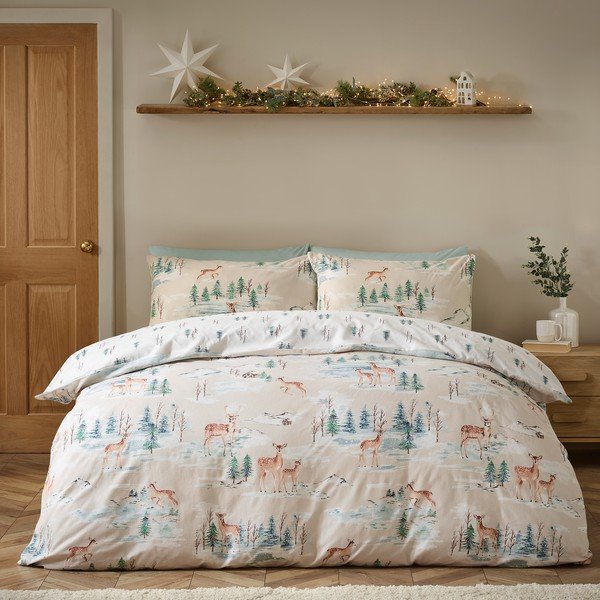 Flanelska posteljina za krevet za jednu osobu u prirodnoj boji 135x200 cm Brushed Christmas Deer – Catherine Lansfield-image-2