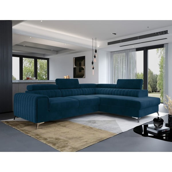 Plava baršunasti sklopiva/s prostorom za odlaganje kutna garnitura (s desnim kutom/u obliku slova L) Laurence – ELTAP-image-4