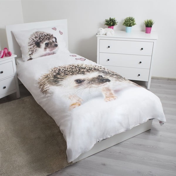 Bijela/smeđa pamučna dječja posteljina za krevet za jednu osobu 140x200 cm Hedgehog – Jerry Fabrics-image-1