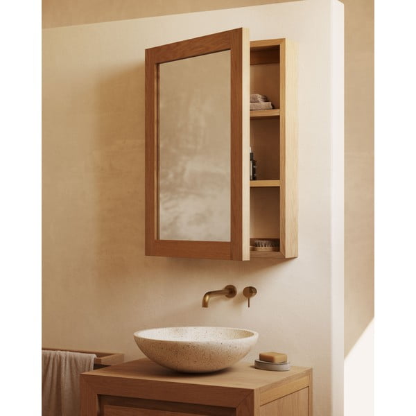 Zidni/s ogledalom kupaonski ormarić od masivne tikovine u prirodnoj boji 50x70 cm Plubia – Kave Home-image-1