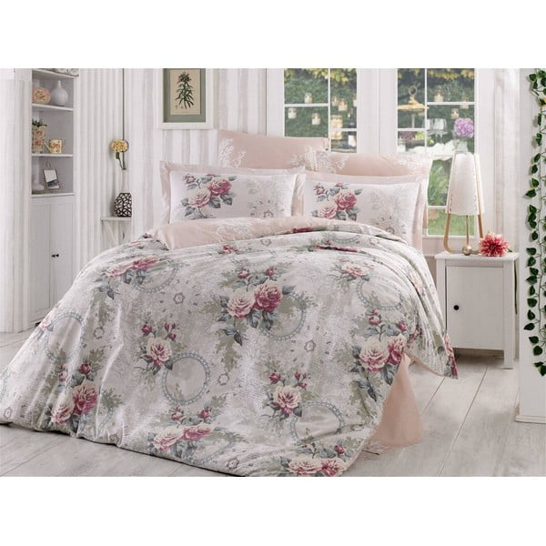 Posteljina s pamučnom plahtom za bračni krevet Clementina Dusty Rose, 200 x 220 cm