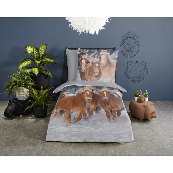 Siva flanelska dječja posteljina za krevet za jednu osobu 140x200 cm Happy Horses – Good Morning-image-1