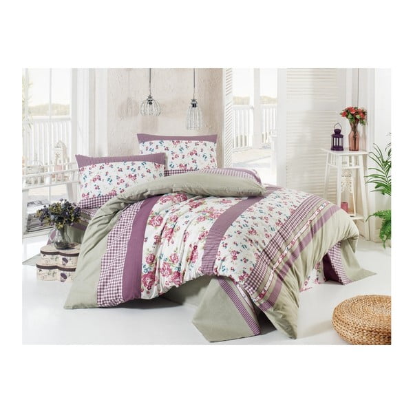 Ljubičasto-siva posteljina za bračni krevet od pamučnog ranforce Lisa, 200 x 220 cm