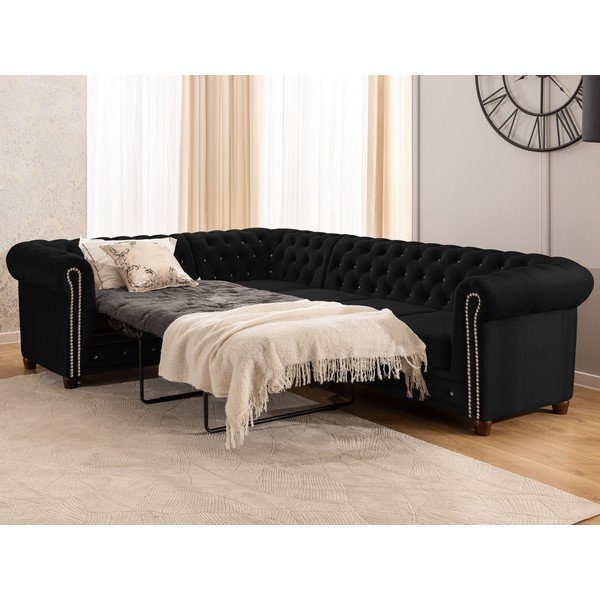 Crna baršunasti sklopiva kutna garnitura (s lijevim kutom/u obliku slova L) York Blik – Ropez-image-1