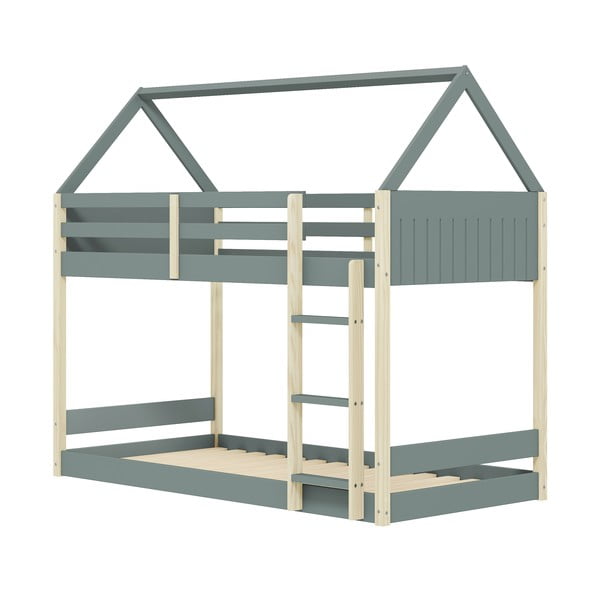 Dječji krevet u obliku kućice/na kat s podnicom 90x190 cm u prirodnoj boji/prljavo zeleni Valka – Marckeric-image-3