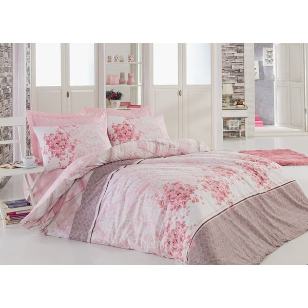 Ružičasta pamučna posteljina s plahtama za bračni krevet Sonya Powder, 200 x 220 cm