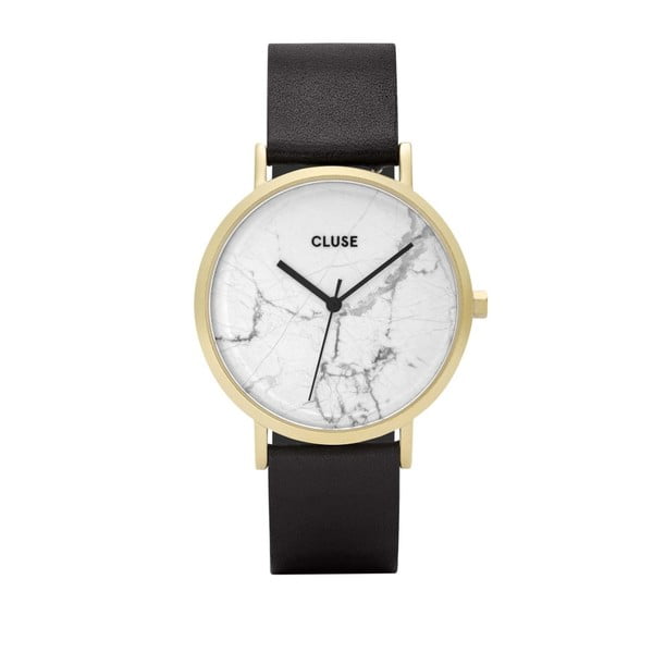 Ženski sat s crnim kožnim remenom i bijelim mramornim brojčanikom Cluse La Roche Star