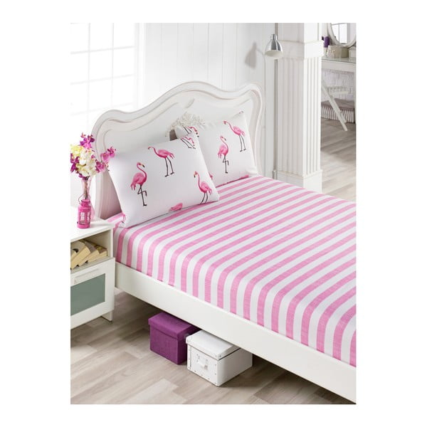 Set od pamučne ružičaste plahte i 1 jastučnice Flamingos, 100 x 200 cm