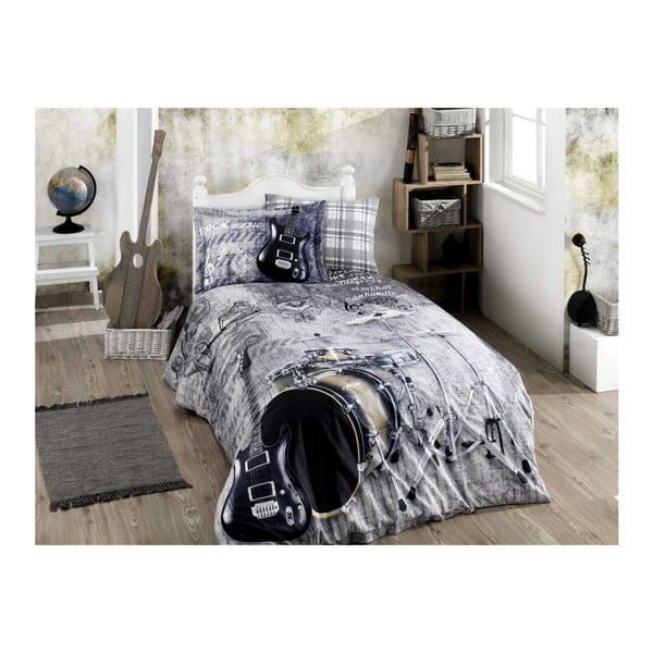 Posteljina od pamučnog poplina s posteljinom za bračni krevet Rock Music Grey, 160 x 220 cm