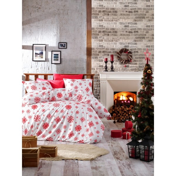 Posteljina s krevetom za jednu osobu od pamučnog ranence Nazenin Home Snow Red, 140 x 200 cm