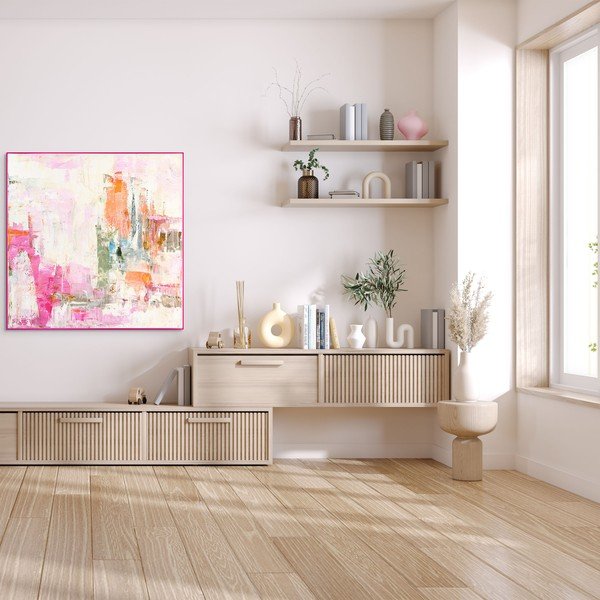 Tiskana/s ručno oslikanim elementima slika s okvirom/na platnu 102x102 cm New Age Pink – Malerifabrikken-image-1