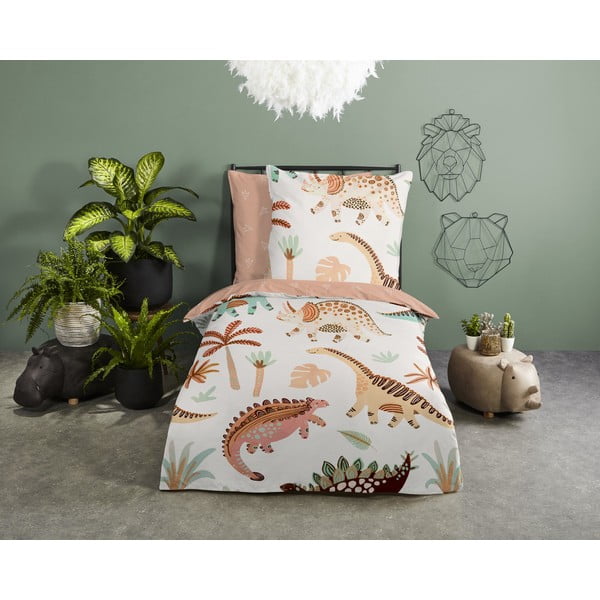 Smeđa/bež pamučna dječja posteljina za krevet za jednu osobu 140x200 cm Dino – Good Morning-image-1