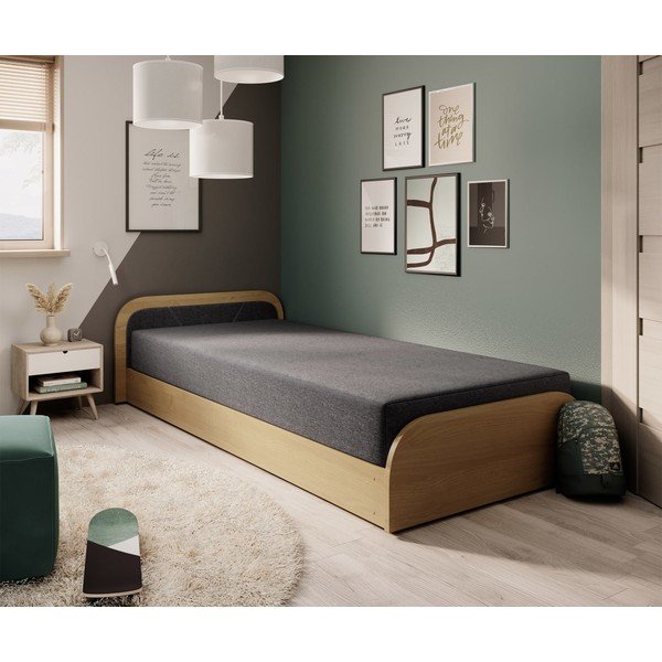 Oker žuti/tamno sivi tapecirani/od iverice krevet s prostorom za odlaganje s madracem 80x190 cm Parys – ELTAP-image-1