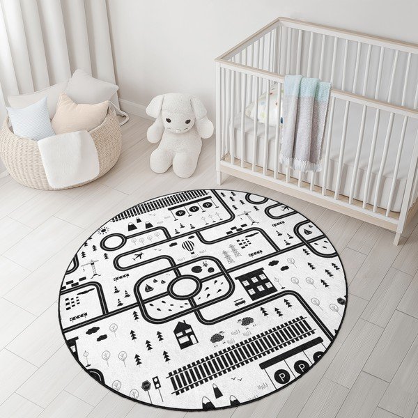 Crno-bijeli periv dječji tepih za igru ø120 cm In My Town – Mila Home-image-3